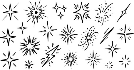 Hand drawn sparkle icons and starburst vector set, black ink doodle stars and twinkle elements, decorative magic flash and light burst graphics © SanaMuhyUdDin