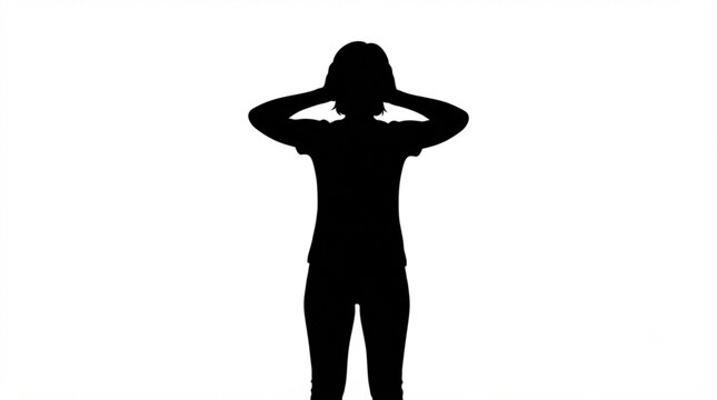 Silhouette of a woman covering her ears on a white background