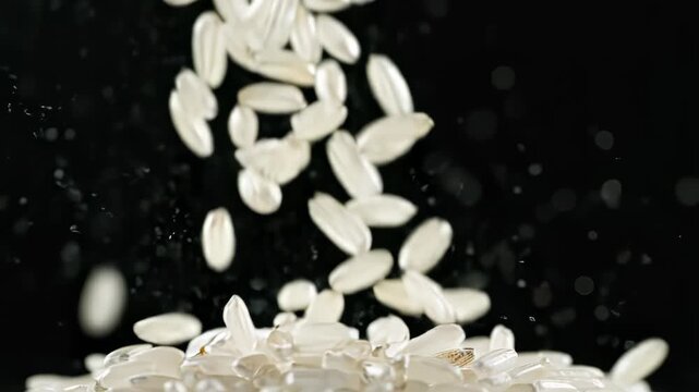 Premium white rice grains falling in slow motion. Raw organic cereal pouring in air.