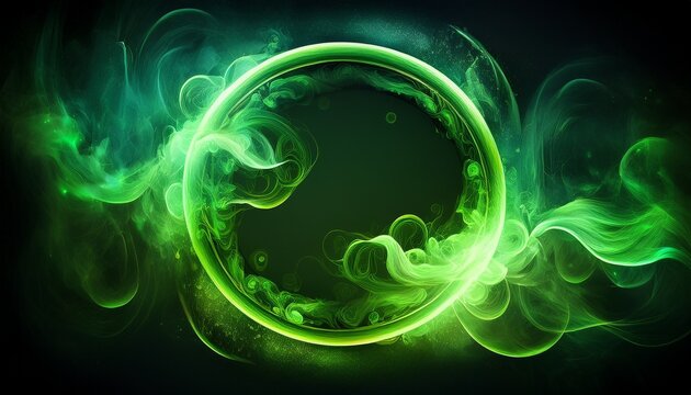 neon green abstract circle with smoke on dark background