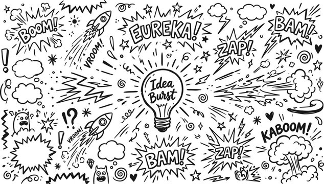 Comic book doodle elements with Idea Burst lightbulb, hand drawn pop art speech bubbles and explosion clouds, black and white vector sketch set