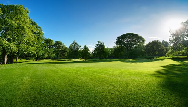 a bright sunny day showcases a uniform and consistent green lawn surrounded by trees perfect for outdoor activities