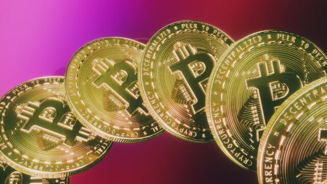 Golden bitcoin coins tilted in a row on vibrant purple magenta background as a seamless loop ideal for crypto wallet app marketing or social media investment ads