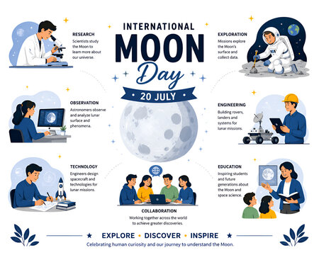 International Moon Day Infographic Poster with Space Research, Astronomy, Engineering, Education and Moon Exploration