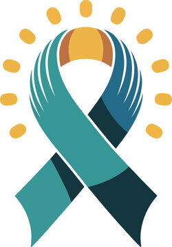 Teal ribbon awareness symbol with sunburst design, representing support and hope for a cause or charity