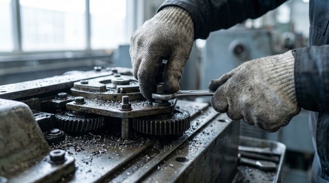 Weathered gloved hands tightening bolt on greasy machinery with wrench in workshop