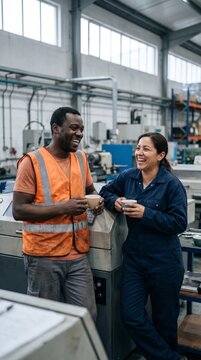Cheerful diverse coworkers sharing coffee break beside machinery in engineering workshop