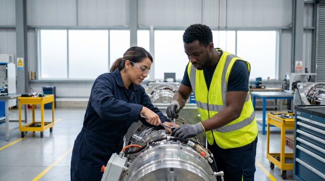 Two engineers assembling electric motor together in modern precision manufacturing facility