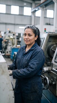 Confident latina machinist standing beside lathe in busy metalworking factory workshop