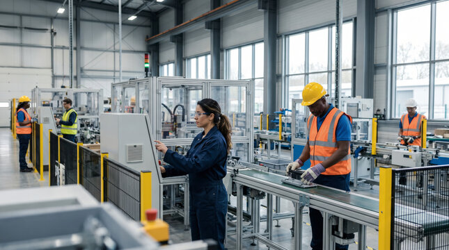 Diverse engineers operating assembly line machinery in modern automated manufacturing plant