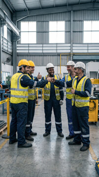 Diverse industrial team giving thumbs up and fist bump inside busy factory workshop