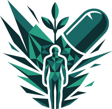 Green geometric human figure with plant and capsule, symbolizing natural health and wellness.