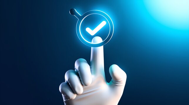Hand in white glove pointing at glowing checkmark icon representing quality approval