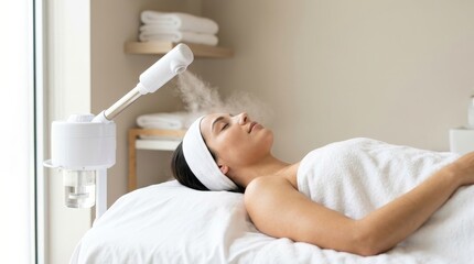 Obraz premium Woman relaxing during a facial steam treatment in a spa. Skincare and wellness therapy