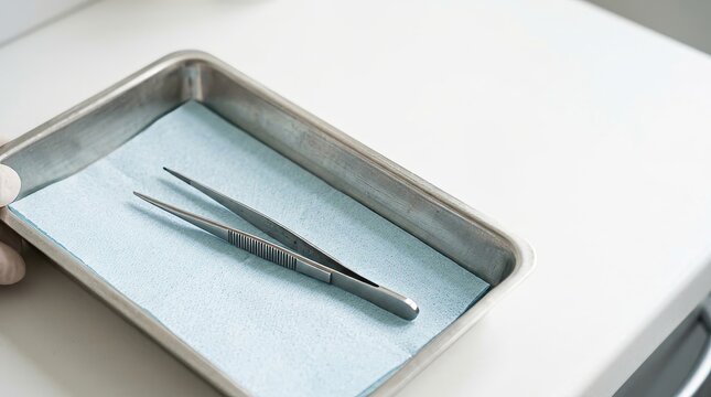 Surgical tweezers on a sterile tray in a medical facility. Precision tools for clinical procedures