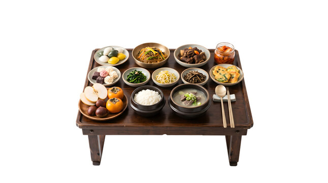 Korean Royal Cuisine Table Setting with Various Dishes and Fruits PNG Isolated on transparent background