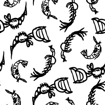 Doodle seamless pattern with hand drawn crustaceans.