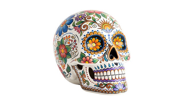 Cr&acirc;nio decorado com flores vibrantes e sol em estilo Dia de Muertos PNG Isolated on transparent background
