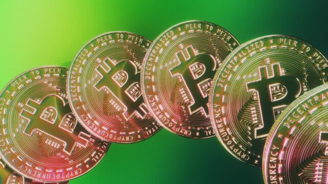 Golden bitcoin coins tilted in a row on green and yellow background as a seamless loop ideal for crypto market growth explainers or financial education content