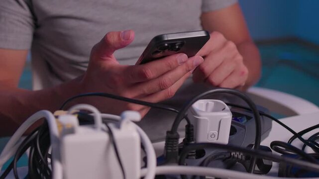 Close-up of hands tapping smartphone while adjusting plug into multi-outlet power strip amid tangled chargers and cables