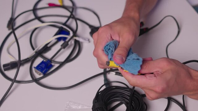 Hands cleaning yellow RCA audio connectors with blue cloth over white table cluttered with black cables