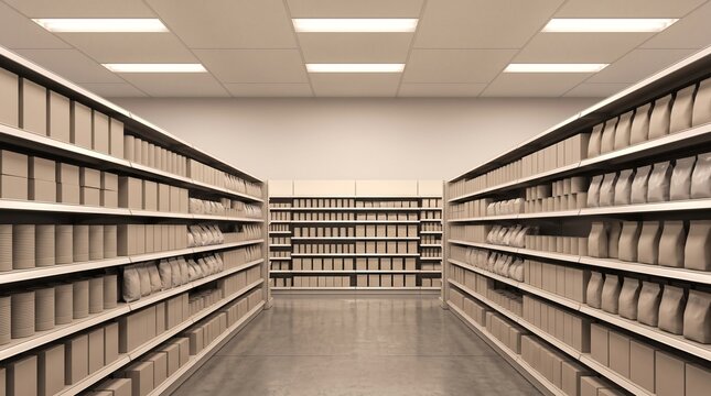 Supermarket aisle with shelves stocked with generic products and boxes