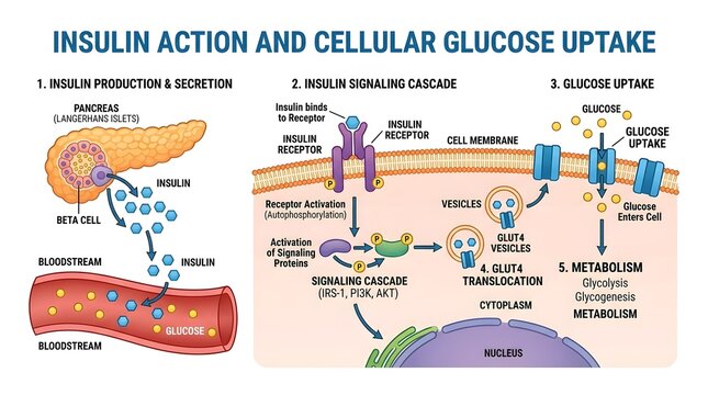 Detailed Diagram of Insulin Action and Glucose Uptake in Human Cells.