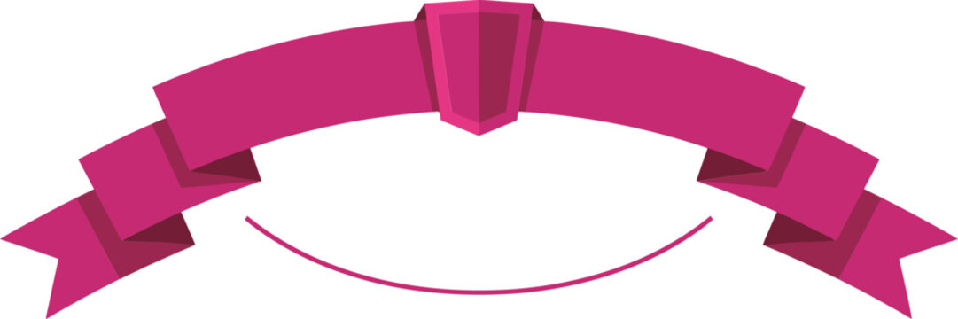Magenta curved ribbon banner with shield crest, elegant pink heraldic scroll vector, decorative arched ribbon for certificates and awards