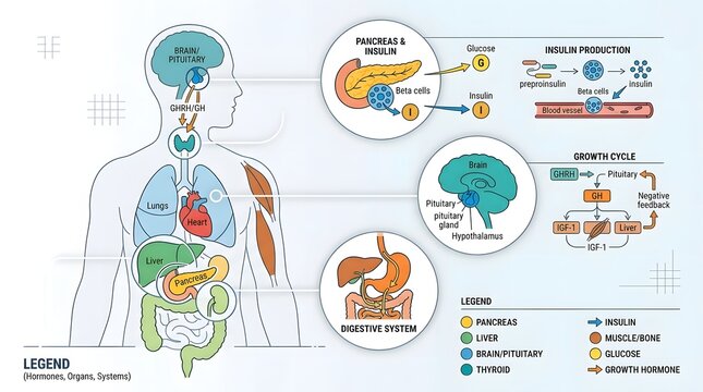 Detailed illustration of human digestive system and related organs lesson.