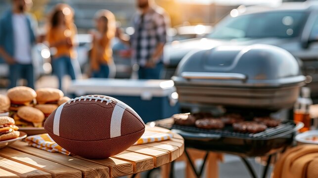 Tailgating fun with football, burgers, and grilling at a sports game
