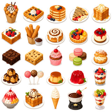 Bubble waffles and sweet snacks vector illustration collection
