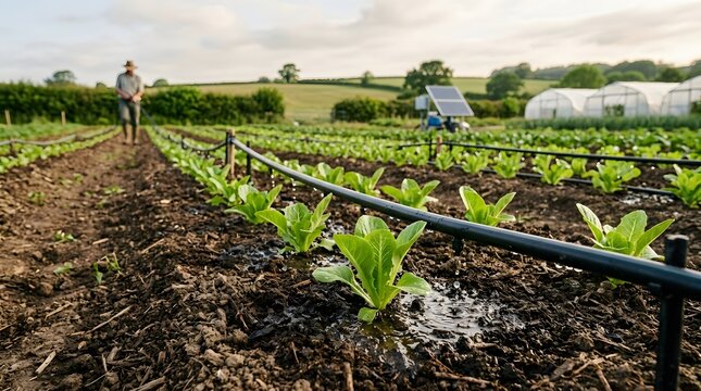 A farmer working in a field using a smart irrigation system to water young vegetable seedlings in rows with irrigation, agriculture