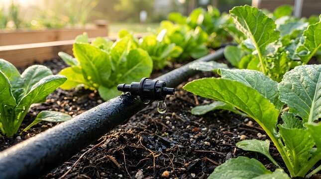 Close up of black irrigation hose providing water to vegetables in home garden with irrigation vegetables agriculture hydration