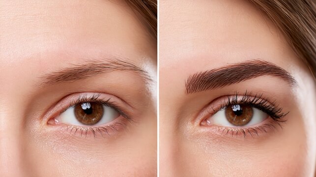 Split frame showing eyebrowless skin versus defined microbladed brow strokes. Concept of microblading transformation.
