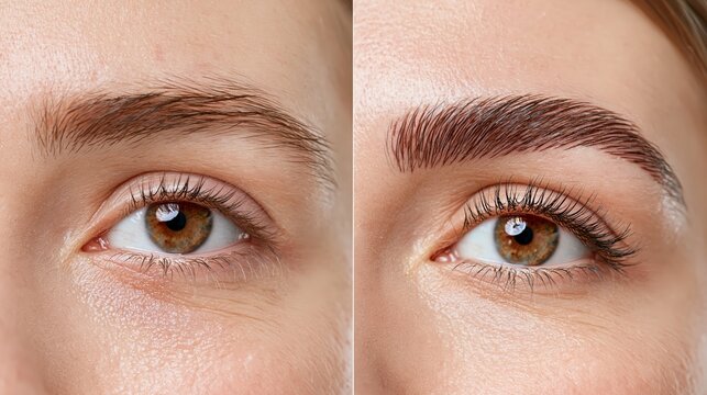 Split frame showing eyebrowless skin versus defined microbladed brow strokes. Concept of microblading transformation.