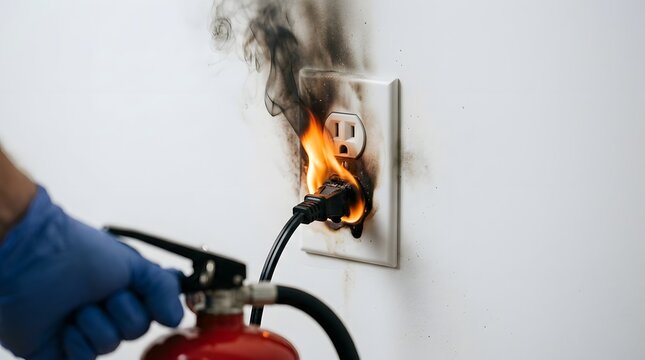 Person using fire extinguisher on electrical socket fire in wall with emergency response hazard control extinguisher electrical