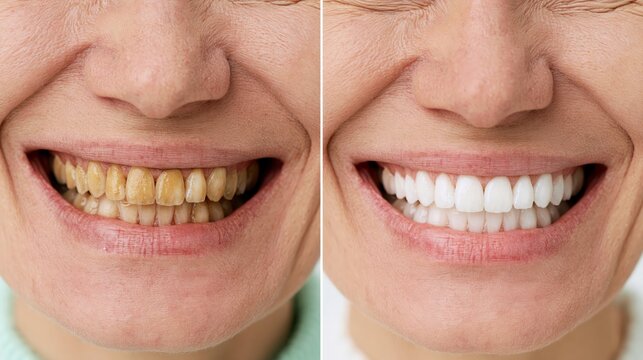 Split frame showing stained yellow teeth versus bright white teeth. Concept of teeth whitening treatment.