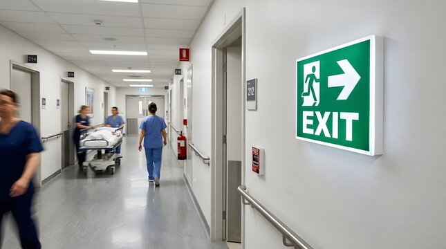 Hospital corridor with glowing green exit sign and medical staff in background hospital corridor emergency healthcare clinical