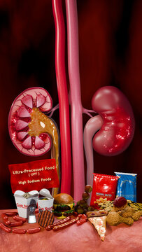 Kidney deterioration associated with unhealthy foods illustrating renal inflammation, impaired filtration, and chronic kidney disease linked to poor dietary habits. 3D Rendering
