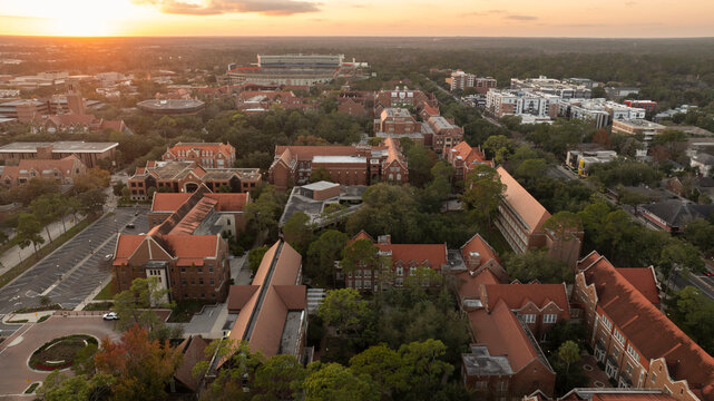 Aerial sunset view of the buildings of downtown Gainesville, Florida, USA.