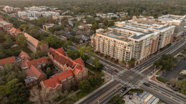 Aerial sunset view of the buildings of downtown Gainesville, Florida, USA.
