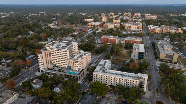 Aerial sunset view of the buildings of downtown Gainesville, Florida, USA.