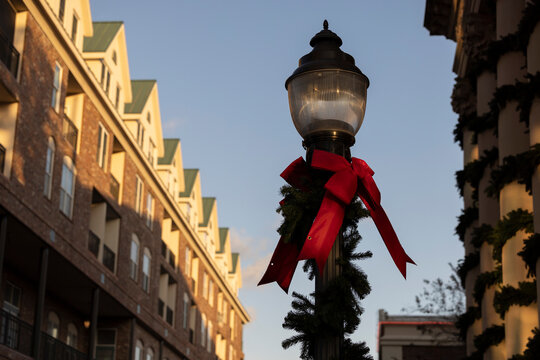 Christmas decorations cover a historic wrought iron street light in downtown Gainesville, Florida, USA.