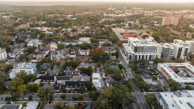 Aerial view of a neighborhood and buildings of downtown Gainesville, Florida, USA.