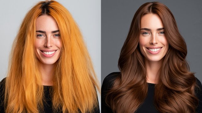 Split frame showing brassy hair versus color-corrected hair. Concept of hair color correction.
