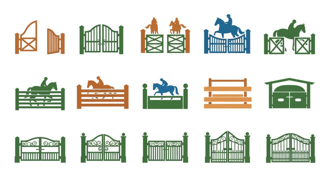 Set of Equestrian Gates and Horse Jumping Obstacle Icons