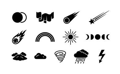 Obraz premium Natural phenomenon and weather icon set collection featuring celestial events like solar eclipse aurora borealis falling stars comet fireballs rainbows sun moon phases clouds rain and lightning.