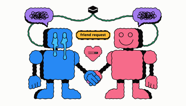 Naive Hand Drawn Vector Illustration Two Robots Friend Request Social Media AI Characters Connecting Heart Icon Cute Digital Communication Isolated