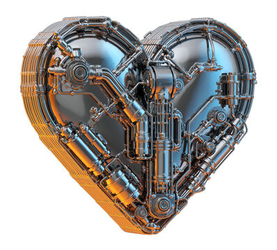 Robotic heart, bionic artificial organ. Cyberpunk cybernetic model, futuristic biomechanical prosthetics, AI biotechnology concept. Industrial technology, cyber engineering, sci-fi metallic