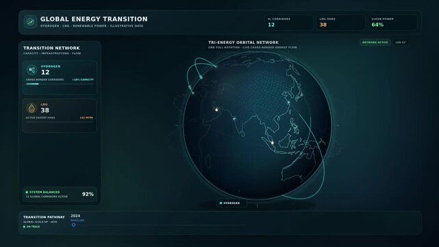Global energy transition dashboard animation with rotating earth map and renewable power data